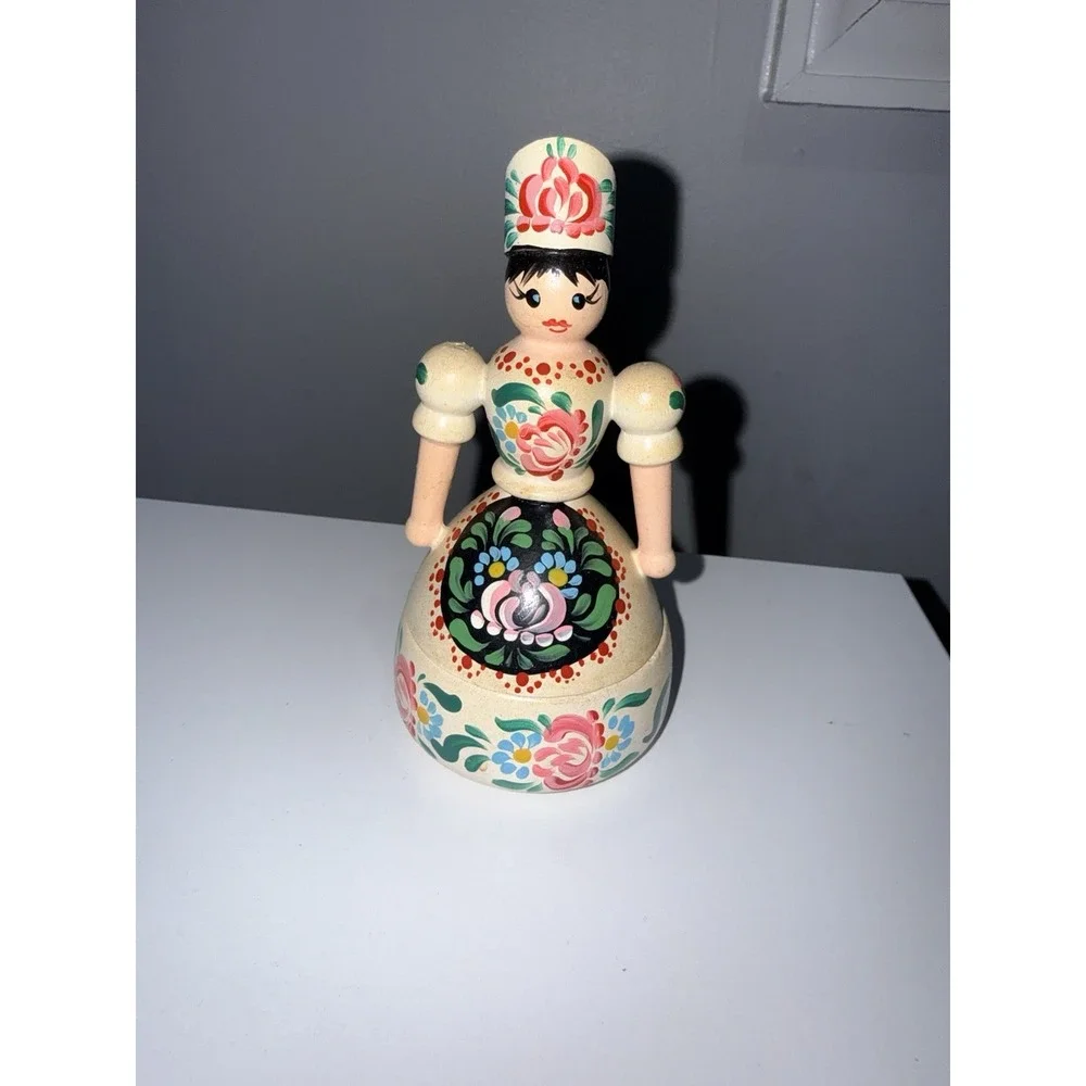 Original Vintage Hungarian Folk Art Costume Wooden Doll Hand Painted Trinket Box